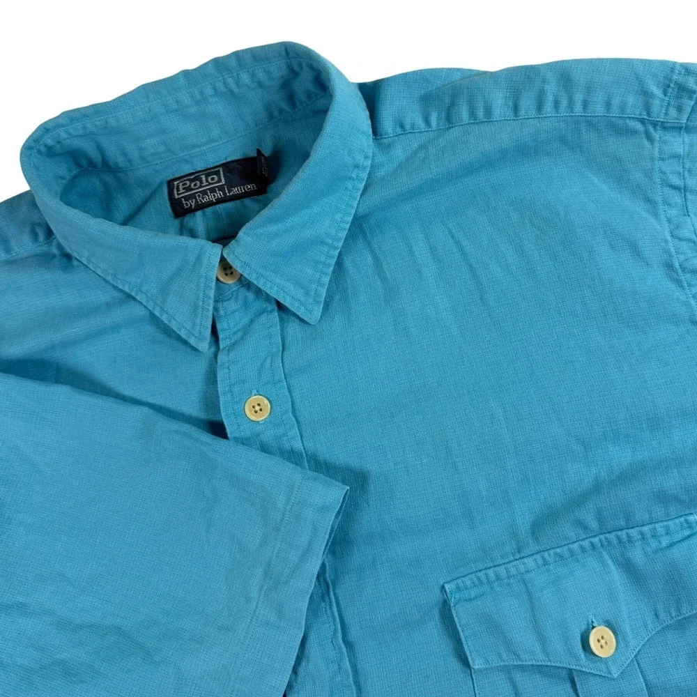 Vintage Polo Ralph Lauren Mens 2XB Blue Linen Cotton Short Sleeve Button Pockets